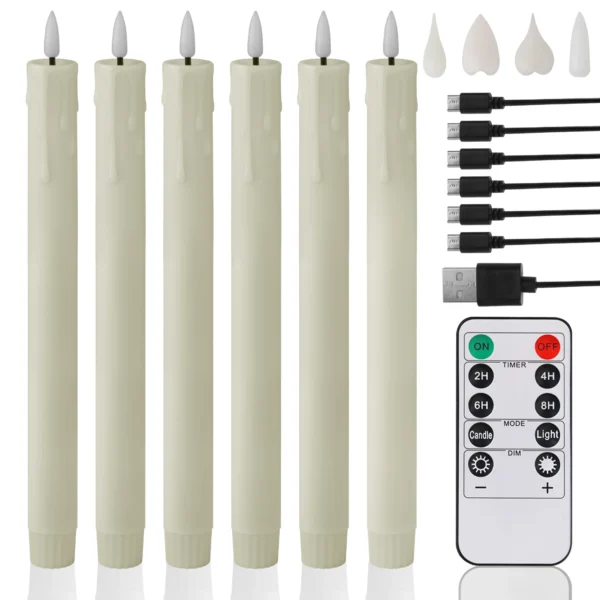 6/12pcs Rechargeable LED Flickering Flameless Taper Candles 4 Type Head with Remote Control Battery Operated Home Decor Candle