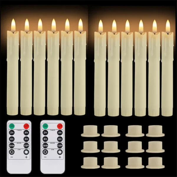 Pack of 12/24pc Flameless Flickering Ivory Taper Candles with Remote Battery Operated LED 3D Wick Candle Christmas Wedding Decor - Image 4
