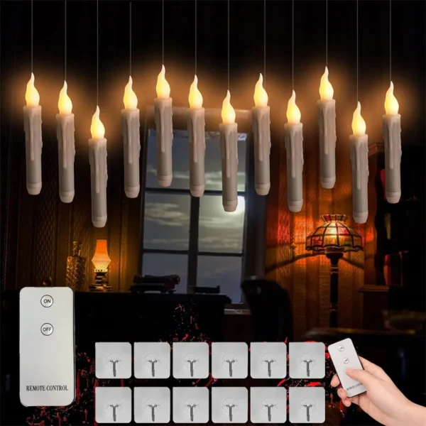 Pack of 12/24pcs LED Floating Taper Candles with Remote Flameless Flickering Hanging Candle Light for Home Christmas Party Decor - Image 5