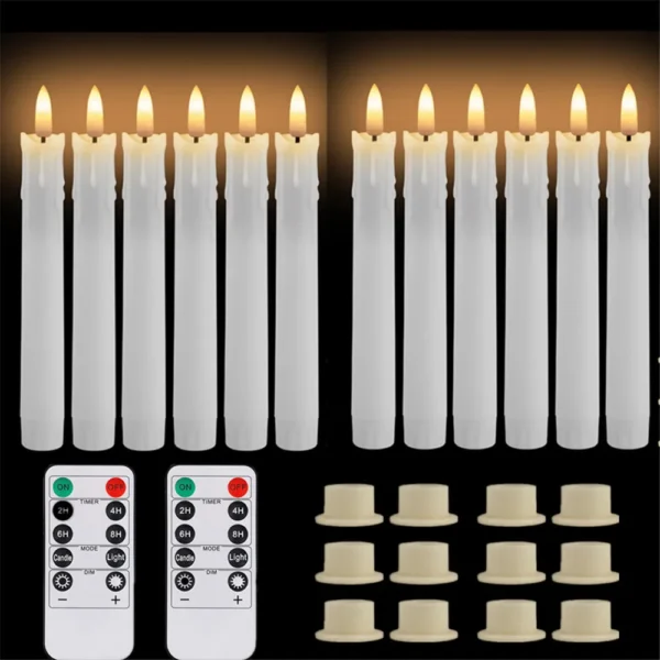 Pack of 12/24pc Flameless Flickering Ivory Taper Candles with Remote Battery Operated LED 3D Wick Candle Christmas Wedding Decor - Image 3