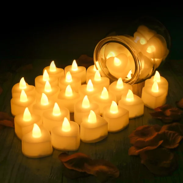 24/48 Pack Heart Shaped LED Tea Lights Candles with Artificial Rose Petals Romantic Night Decorations  for Wedding Anniversary - Image 5