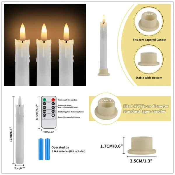 Pack of 12/24pc Flameless Flickering Ivory Taper Candles with Remote Battery Operated LED 3D Wick Candle Christmas Wedding Decor - Image 7