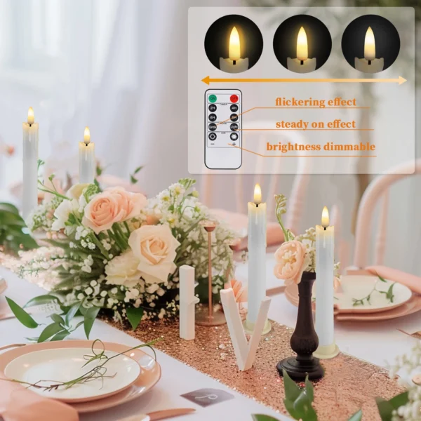 Pack of 12/24pc Flameless Flickering Ivory Taper Candles with Remote Battery Operated LED 3D Wick Candle Christmas Wedding Decor - Image 8