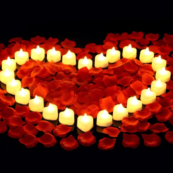 24/48 Pack Heart Shaped LED Tea Lights Candles with Artificial Rose Petals Romantic Night Decorations  for Wedding Anniversary - Image 4