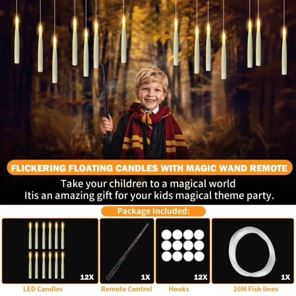Floating Flameless Candles with Magic Wand Hanging Flickering LED Taper Candle for Indoor Outdoor Christmas Halloween Home Decor - Image 8
