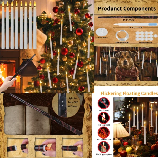 12/24Pack Christmas Floating Candles With Magic Wand Remote LED Flameless Hanging Taper Candle Flickering for Home Holiday Decor - Image 8