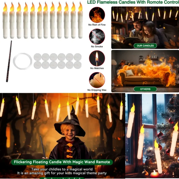 Floating Candles with Magic Wand Remote Control Flickering Warm Light Flameless Taper Candle for Christmas/Wedding/Party Home - Image 6