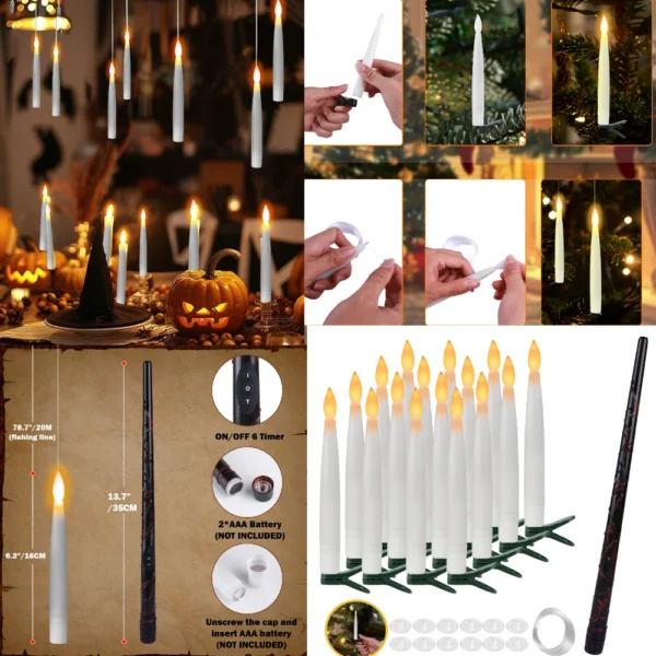 12/24Pack Christmas Floating Candles With Magic Wand Remote LED Flameless Hanging Taper Candle Flickering for Home Holiday Decor - Image 11