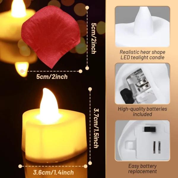 24/48 Pack Heart Shaped LED Tea Lights Candles with Artificial Rose Petals Romantic Night Decorations  for Wedding Anniversary - Image 6