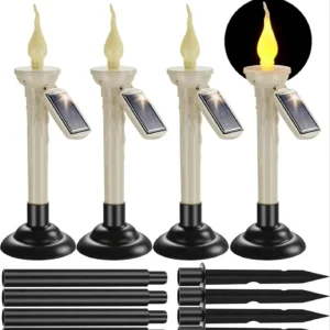 4Packs Cone-Shaped Solar Candles with Brackets for Outdoor Garden Terrace Table Window Sill Decorative Lighting