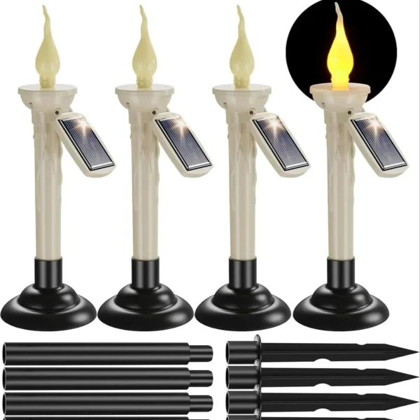 4Packs Cone-Shaped Solar Candles with Brackets for Outdoor Garden Terrace Table Window Sill Decorative Lighting