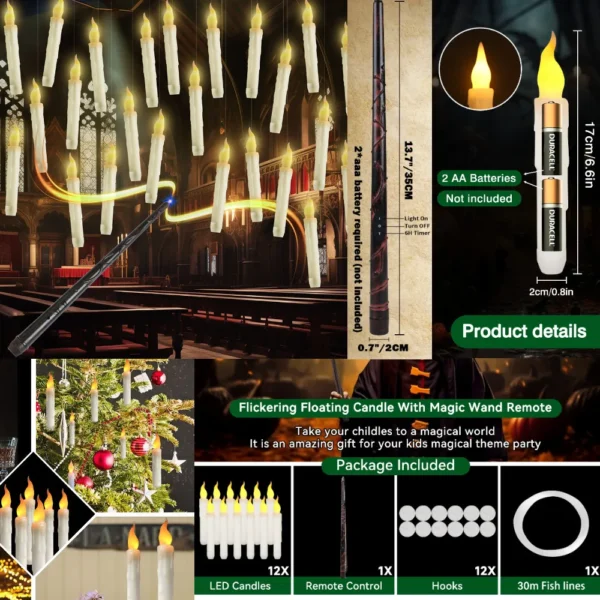 12/24Pack Christmas Floating Candles With Magic Wand Remote LED Flameless Hanging Taper Candle Flickering for Home Holiday Decor - Image 10