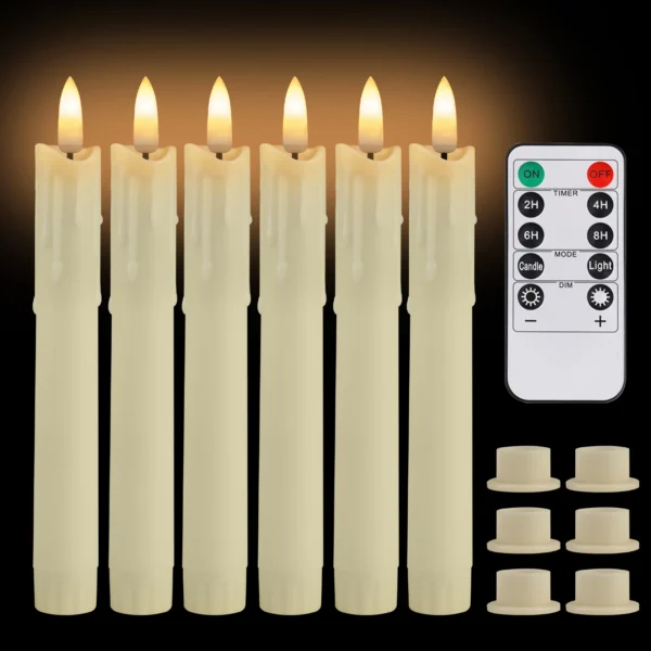 Pack of 12/24pc Flameless Flickering Ivory Taper Candles with Remote Battery Operated LED 3D Wick Candle Christmas Wedding Decor - Image 2