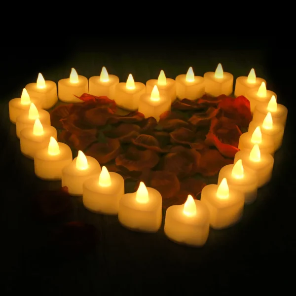 24/48 Pack Heart Shaped LED Tea Lights Candles with Artificial Rose Petals Romantic Night Decorations  for Wedding Anniversary - Image 8