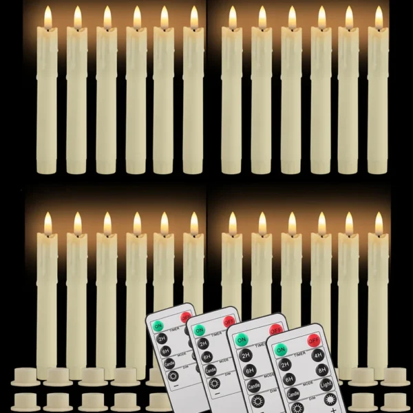 Pack of 12/24pc Flameless Flickering Ivory Taper Candles with Remote Battery Operated LED 3D Wick Candle Christmas Wedding Decor - Image 5